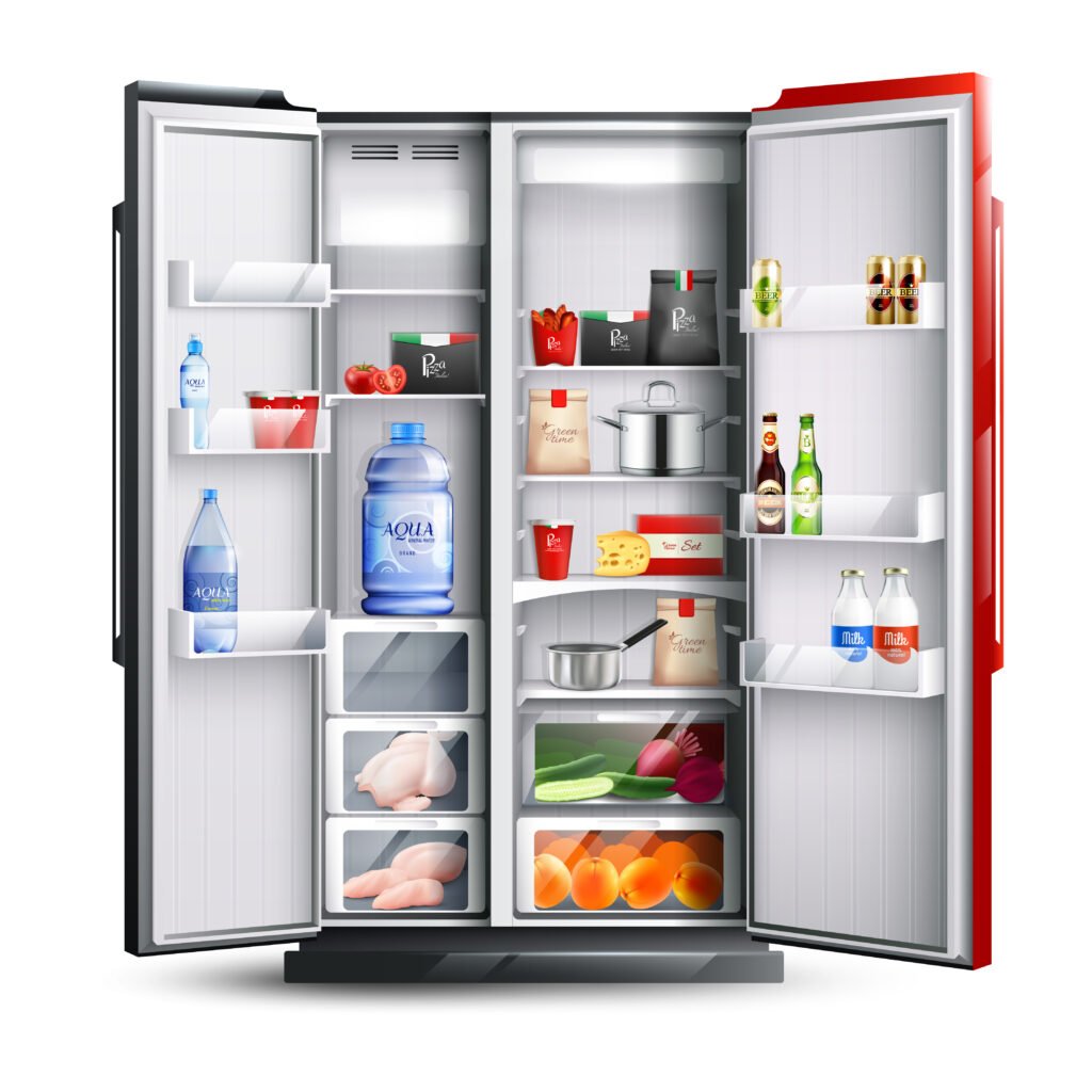 red open refrigerator with products